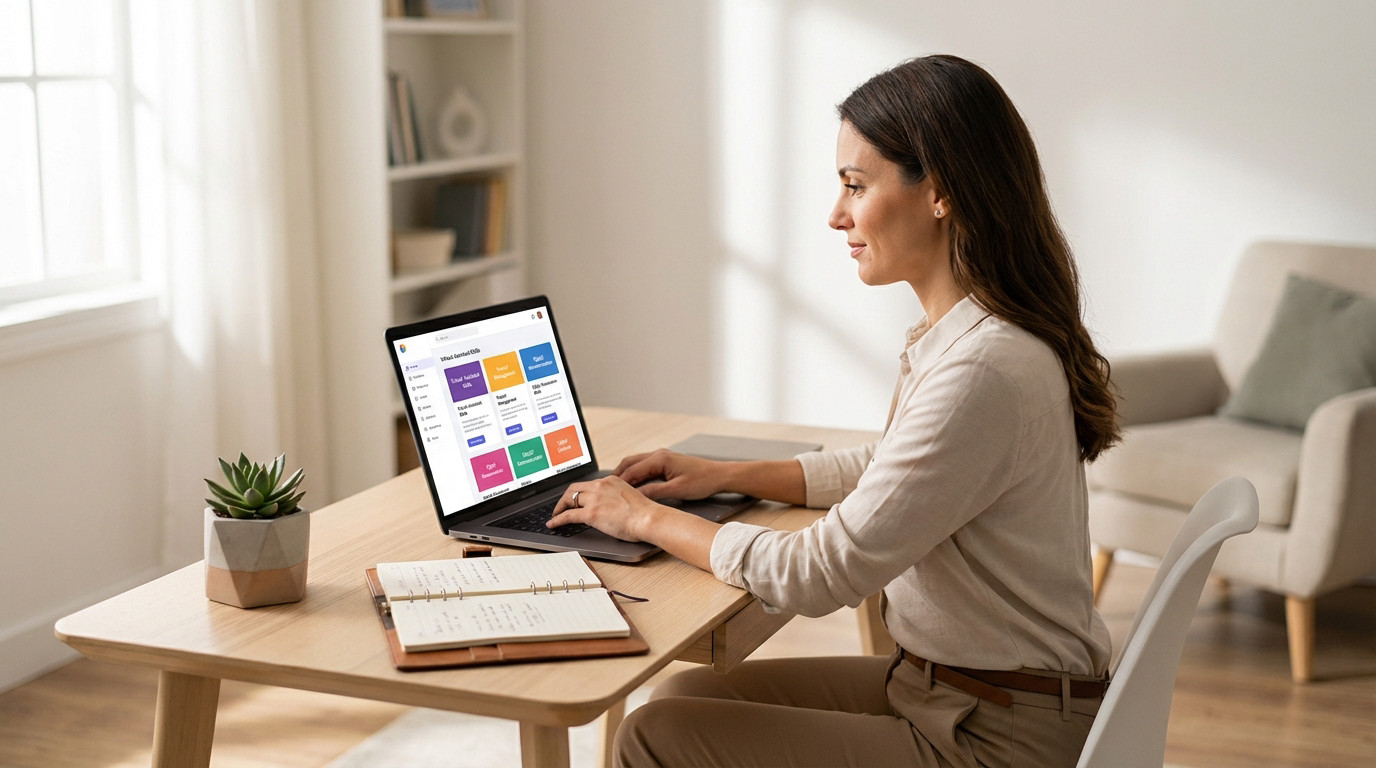 Une assistante virtuelle travaillant depuis son bureau à domicile, sur son ordinateur portable